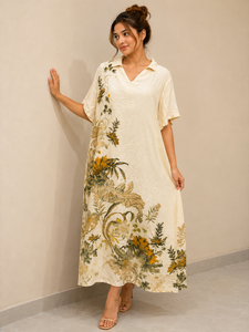 ชุดเดรสยาวลายดอกไม้สีเบจคุณภาพสูง คอปกเสื้อแบบพับได้ แขนสั้น ชุดคุर्ติยาว ชุดนอนลำลอง ชุดลำลองฤดูร้อนสำหรับผู้หญิง - Product Image 4