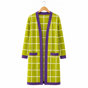 <b>Women</b> <b>Long</b> Sleeve Plaid Knit <b>Cardigan</b> O-Neck Open Front Casual Winter Wear 100% Acrylic Anti-Pilling Pockets - Product Image 1