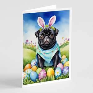 Whimsical A7 Tamaño 5x7 Tarjetas de nota en blanco Pug Easter Egg Hunt Tarjeta de felicitación Paquete de 8 con sobres - Product Image 1