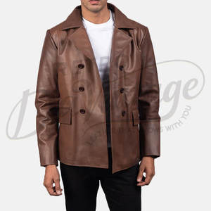Manteau en cuir marron croisé pour homme, en véritable peau de mouton, col large classique, style décontracté et professionnel - Product Image 3