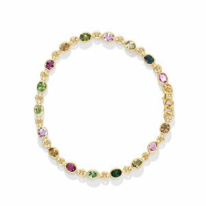 925 Sterling Silver Multi Tourmaline Oval Shape Bezel Set <b>Bracelet</b> 21 Stone Gold & Rhodium Plated - Product Image 3