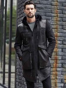 Veste en cuir longue à capuche pour homme avec doublure en fausse fourrure, fermeture éclair, coupe-vent, manteau d'hiver, coupe classique, style moto - Product Image 1