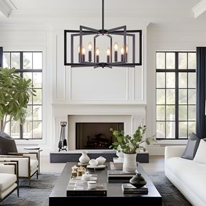 27\" Modern Industrial Metal Pendant <b>Light</b> Fixture Black Geometric 8 <b>Light</b> Chandelier for Living <b>Dining</b> or Kitchen - Product Image 4