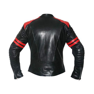 Blouson de moto en cuir véritable pour homme, noir et rouge, avec fermeture éclair, col montant, coupe ajustée, style motard, automne - Product Image 2