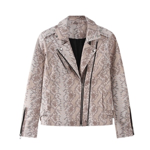 Women's Snake Print Leather Bomber Jacket Turn-down Collar Full Sleeve <b>Zipper</b> Closure Autumn Regular Length - Product Image 4