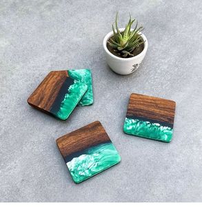 Handmade Eco-Friendly Acacia Wood & Epoxy Resin <b>Coaster</b> Set Square Drink Mats Green Modern Home Decor Hand Wash - Product Image 2