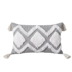 Best Price Geometric Tufted Lumbar Pillow Cover Gray <b>White</b> Bohemian Style with Tassels Oblong Shape Decorative <b>Throw</b> Pillow - Product Image 1