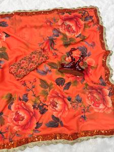 Sari indien en Georgette, best-seller, look ethnique chic, le plus tendance, avec blouse d'exportation, collection exclusive boutique - Product Image 4