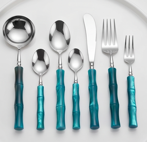 Modern Flatware Set Of 6 Stainless Steel Cutlery With Teal Bamboo Handles Dishwasher Safe For Wedding Use - Product Image 1