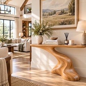 Mesa Consola Artesanal de Madera Maciza con Chapa de Madera, Estilo Rústico, para Entrada, Sala de Estar, Pasillo, Detrás del Sofá, Apartamento - Product Image 3