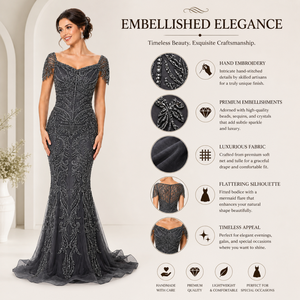 Vestido de Noche Largo Gris Sirena Moderno y Lujoso con Bordado de Cuentas y Manga Corta de Tul |   Ropa Elegante para Fiesta para Mujer OEM - Product Image 3