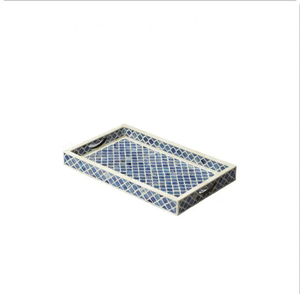 Plateau de service rond artisanal en os bleu rayé, plateau décoratif de luxe pour table basse, salon, décoration intérieure - Product Image 3