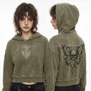 Hoodie court jaune 350 GSM pour femme, style Cottagecore, avec imprimé graphique naturel botanique (champignons, crânes, fruits rouges) et manches effet usé - Product Image 5