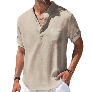 Chemise décontractée pour homme en lin et coton à manches courtes et col en V, respirante, coupe classique, couleur unie, tissu tissé - Product Image 1