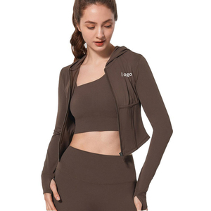 Veste à capuche zippée courte pour femme, coupe ajustée, avec trous pour les pouces, manches longues, pour le sport, le yoga, vêtements de sport, logo personnalisé, vente en gros, OEM disponible - Product Image 1