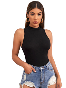 Débardeur en tricot sans manches à col roulé noir pour femme, style décontracté uni - Product Image 1