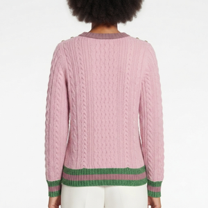 <b>Custom</b> Pink Knitted Women's Cardigan Anti-Pilling Embroidered Logo Contrast Color Trim O-Neck Long Sleeve Panelled Autumn - Product Image 4