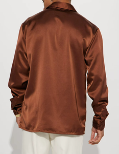 Wholesale Chocolate Men Long Sleeve <b>Satin</b> Shirt Custom Big Tall <b>Blouse</b> Support Custom Many Colors 100% Polyester Button up Shirt - Product Image 4