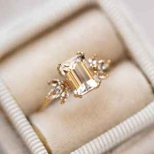 Emerald Cut White Topaz Ring Statement Ring 925 Sterling Silver 14K <b>Gold</b> Plated Wedding Birthstone Ring - Product Image 1
