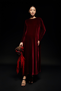 Vestido Midi de Verano de Terciopelo Sólido con Botones, Cintura Holgada, Transpirable, Elegante, Cuello Redondo, Manga Regular, Lujo, Rojo Borgoña - Product Image 4