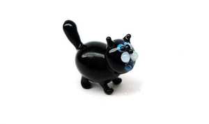 Figurine de chat noir en verre soufflé à la main, décoration animale avec rayures blanches et yeux bleus - Product Image 2