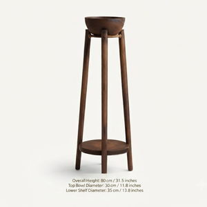 Brûleur à Bakhoor élégant en bois avec un support haut et une étagère inférieure, présentant un bol à encens minimaliste de forme ronde pour la décoration intérieure. - Product Image 3