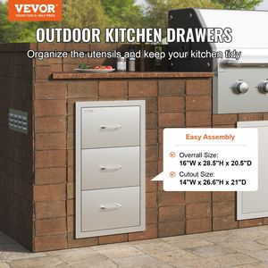 Îlots de cuisine d'extérieur en acier inoxydable avec chariots et tiroirs BBQ à triple accès, 16 po L x 28,5 po H x 20,5 po P, îlot encastré de 28 po en acier inoxydable - Product Image 2