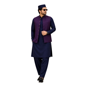 <b>Men's</b> Navy Blue <b>Kurta</b> Pajama With Purple Waistcoat Traditional Indian Pakistani Wedding Attire Cotton Clothing - Product Image 1