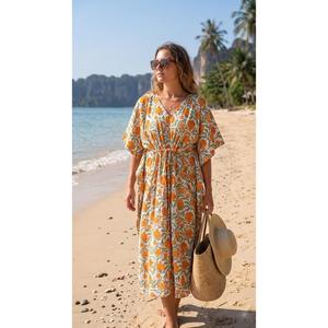 Elegante Vestido Kaftán de Algodón con Estampado Floral Naranja, Cintura Ajustable, Estilo Bohemio, Casual, para Vacaciones de Verano - Product Image 1