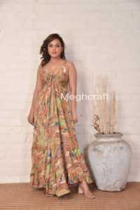 Premium Designer Women Silk Maxi <b>Dress</b> Halter Neck Floral Printed Maxi <b>Dress</b> Comfortable & Lightweight <b>Dress</b> at Low Price - Product Image 3