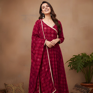 Ensemble Kurta Angrakha en soie Delta imprimée numérique rose Rani avec dupatta pour femme, entièrement cousu, 2,70 m de long, coupe ample, vente en gros, stock disponible - Product Image 1
