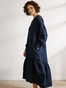 Robe longue élégante pour femmes, bleu marine uni, col rond, manches longues bouffantes, ourlet à plusieurs niveaux, style bohème, robe d'été décontractée - Product Image 3