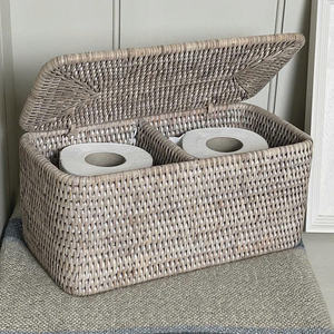 Panier de rangement en rotin pour salle de bain avec couvercle, boîte organisatrice naturelle pour papier toilette, serviettes, accessoires, panier décoratif écologique - Product Image 2