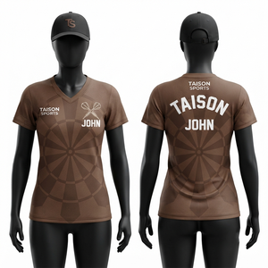 เสื้อดาร์ทหญิงพรีเมียม 180 GSM ผ้าโพลีเอสเตอร์ดูดซับความชื้น สีน้ำตาลลายกระดานปาเป้า พิมพ์ลายโลโก้ทีมตามสั่ง - Product Image 1