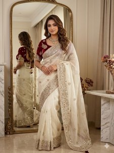 <b>Saree</b> with Heavy Sequence Border All Over Butti Embroidery Paired Fully <b>Stitched</b> Fancy Tassel Latkan for Satin Traditional - Product Image 4