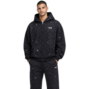 Ensemble tendance pour homme : sweat à capuche zippé coupe boxy à épaules tombantes et joggers amples, imprimé camouflage léopard avec strass personnalisés, en tissu haute densité - Product Image 5