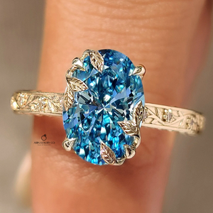 Blue Oval Cut Lab Grown Diamond <b>Ring</b> with Leaf Details Floral Vintage <b>Statement</b> <b>Ring</b> Luxury Fine Jewelry Gift for Women - Product Image 1