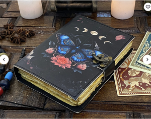Blank Spell Book Shadows Journal <b>Lock</b> Clasp Vintage Handmade Leather Hardcover Water Color Luna Moths Morpho Butterfly Print - Product Image 2