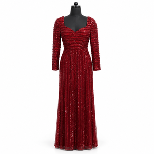 Vestido de Noche con Lentejuelas Color Borgoña |   Vestido Formal Largo con Escote Corazón, Manga Larga, Corte en A y Cintura Ajustada para Fiesta o Boda - Product Image 1