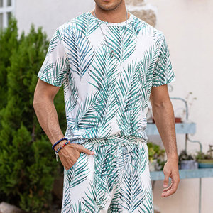 Ensemble chemise et short pour homme, imprimé palmiers tropicaux, tenue décontractée d'été, short en coton tricoté respirant, t-shirt assorti, taille XL - Product Image 5