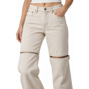 Jeans de mezclilla ajustados convertibles con cremallera de tiro medio para mujer, talla grande, bordados, color crudo - Product Image 4