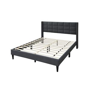 Elegante Letto Moderno Queen Size con Testiera in Lino Spazzolato Color Carbone, Design a Cassettone Imbottito - Product Image 5