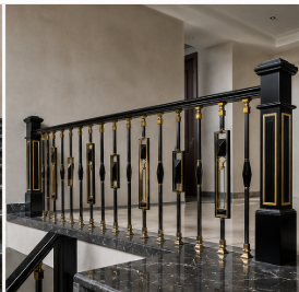 Rampe d'escalier de luxe noire et or avec un design élégant et courbé et des marches en marbre poli pour une décoration intérieure moderne - Product Image 5