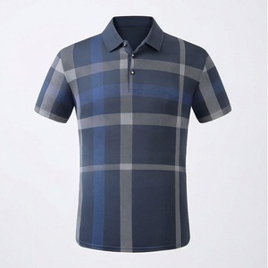 Men's Plaid Short Sleeve Polo Shirt Casual Woven Regular Fit Blue Gray Patterned Design - Product Image 1