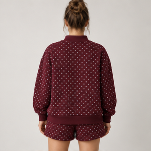Women's <b>Burgundy</b> Allover Microdot Mock Neck 2-Piece Shorts Set Custom Casual Sportswear - Product Image 2