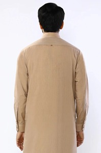 Men's Beige Cotton Kurta Long Sleeve Solid Color Regular Fit Casual Daily Wear <b>Ankle</b> Length Shirt Collar India Pakistan Style - Product Image 2