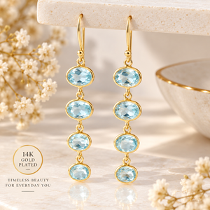 Boucles d'oreilles pendantes mignonnes en argent sterling 925 plaqué or 18 carats avec topaze bleue naturelle taille ovale facettée et sertissage clos, idéales pour les fiançailles et les fêtes - Product Image 2