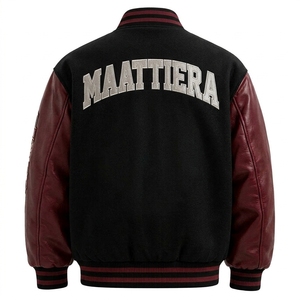 Men Black <b>Burgundy</b> <b>Leather</b> Sleeve <b>Jacket</b> Custom Crown Crest Embroidery Streetwear Snap Button Bomber - Product Image 6