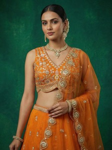 Orange Embroidered Floral Maxi <b>Lehenga</b> Set V-Neck Blouse & Dupatta 100% Cotton Traditional Dress for Wedding Festival Wear - Product Image 2