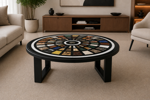 Table basse de luxe ronde en marbre noir incrusté, faite à la main, avec motifs floraux Pietra Dura, écologique, pour la décoration intérieure moderne, Diwali et Cérémonies de départ - Product Image 3